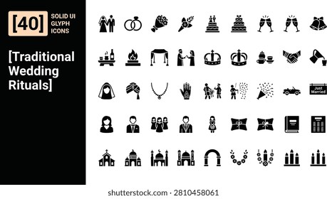 A comprehensive collection of 40 high-quality, professional solid glyph icons representing traditional wedding rituals, cultural marriage ceremonies, and festive celebrations. This vector set includes essential symbols such as bridal attire, ceremony stages, sacred fires, crowns, jewelry, musical instruments, venues, and celebratory elements. These clean, minimalist icons are perfect for wedding planners, event organizers, cultural blogs, invitation designs, social media content, and mobile app UI development. Fully scalable, editable, and easy to integrate into any creative project.A comprehensive collection of 40 high-quality, professional solid glyph icons representing traditional wedding rituals, cultural marriage ceremonies, and festive celebrations. This vector set includes essential symbols such as bridal attire, ceremony stages, sacred fires, crowns, jewelry, musical instruments, venues, and celebratory elements. These clean, minimalist icons are perfect for wedding planners, event organizers, cultural blogs, invitation designs, social media content, and mobile app UI development. Fully scalable, editable, and easy to integrate into any creative project.