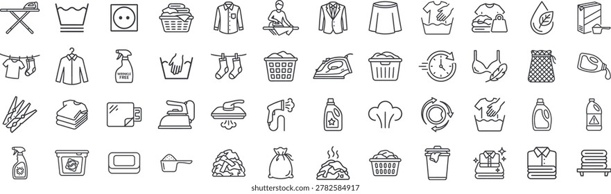 A comprehensive collection of 48 thin line icons representing professional laundry services, home garment care, and clothing maintenance. This vector graphics set includes outline symbols for iron and ironing board, clothesline, washing machine cycles, washing powder, fabric softener, hand wash, stain removal spray, garment steamer, and folded clothes. Ideal for laundry service apps, dry cleaning websites, apparel care labels, and household chores infographics.