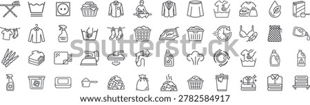 A comprehensive collection of 48 thin line icons representing professional laundry services, home garment care, and clothing maintenance. This vector graphics set includes outline symbols for iron and ironing board, clothesline, washing machine cycles, washing powder, fabric softener, hand wash, stain removal spray, garment steamer, and folded clothes. Ideal for laundry service apps, dry cleaning websites, apparel care labels, and household chores infographics.