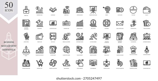 Una colección completa de 50 íconos de Essentials de negocios diseñados en un estilo limpio y moderno, perfecto para presentaciones, materiales corporativos, campañas de marketing, Sitios web y App móviles.