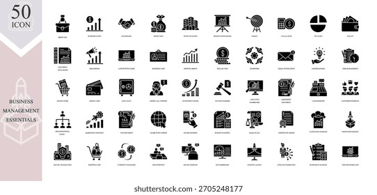 Una colección completa de 50 íconos de Essentials de negocios diseñados en un estilo limpio y moderno, perfecto para presentaciones, materiales corporativos, campañas de marketing, Sitios web y App móviles.