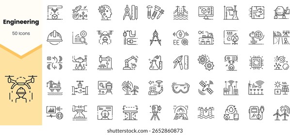Una colección completa de 50 iconos de ingeniería, con varias herramientas y tecnologías en un estilo limpio y minimalista. Perfecto para el diseño y propósitos educativos.