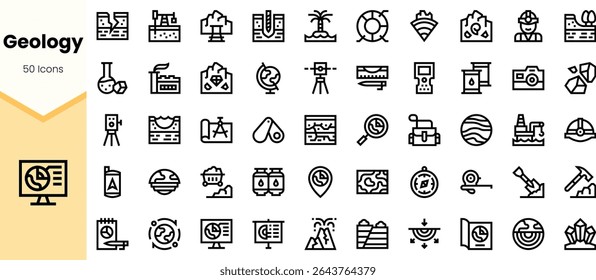 A comprehensive collection of 50 geology-themed icons, showcasing various elements of earth science, exploration, and research in a clean, minimalist style.