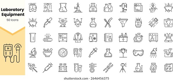 A comprehensive collection of 50 laboratory equipment icons in a sleek line art style, perfect for science and education-related projects.