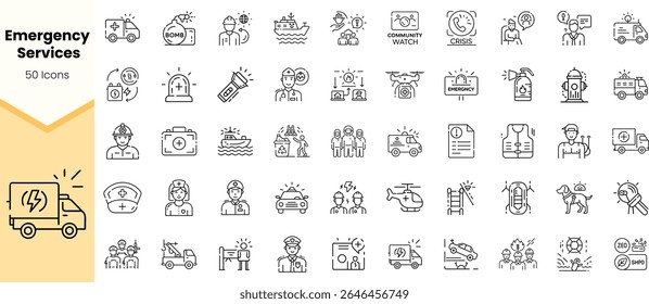A comprehensive collection of 50 line icons representing various emergency services, including medical, firefighting, rescue, and crisis response activities.