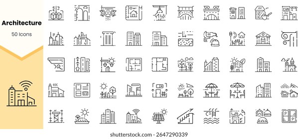 A comprehensive collection of 50 linear architecture icons showcasing various building styles and elements, ideal for designers and architects.