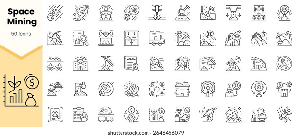 A comprehensive collection of 50 linear icons depicting various concepts related to space mining, showcasing technology, finance, exploration, and resource extraction.