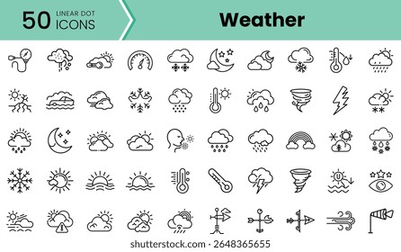 A comprehensive collection of 50 linear weather icons, featuring elements like sun, clouds, rain, snow, and lightning, perfect for design projects.