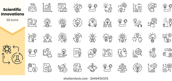 Uma coleção abrangente de 50 ícones de inovação científica, apresentando diversos designs ilustrando pesquisa, tecnologia e colaboração em um estilo minimalista.