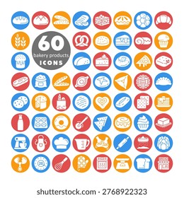 A comprehensive collection of 60 black glyph icons representing various bakery products and kitchen tools. This set is ideal for bakeries, food blogs, recipe apps, and menus.