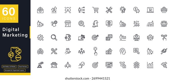 Una colección completa de 60 píxeles de líneas perfectas que representan el marketing digital, la estrategia de negocios y los conceptos de comercio electrónico.