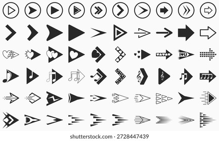 A comprehensive collection of 60 versatile arrow icons and directional pointers. This set features multiple styles including minimalist UI chevrons, speed and motion-themed tech arrows, music-inspired notes integrated with pointers, and romantic heart-themed arrows. Designed in both solid silhouette and clean outline styles, these vectors are perfect for mobile app interfaces, gaming HUDs, web design, and digital marketing graphics