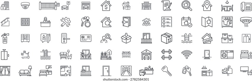 A comprehensive collection of 65 thin line icons representing apartment amenities, real estate services, and residential building features. This vector set includes icons for security cameras, parking, fitness centers, swimming pools, laundry, maintenance, smart locks, and property management. Perfect for real estate websites, apartment hunting apps, property brochures, and wayfinding signage.