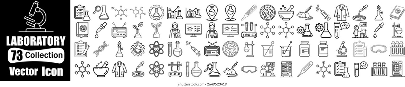 Una colección completa de 73 iconos vectoriales de laboratorio y temática científica. Este conjunto cuenta con equipos esenciales, conceptos científicos y Elementos de investigación para la medicina.