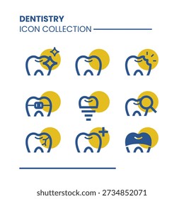 A comprehensive collection of 9 professional dental icons in a modern minimalist line art style. This set includes symbols for various dental treatments and conditions, such as braces, tooth implants, dental checkups, emergencies, and oral hygiene. With a clean blue and yellow color palette, these icons are perfect for dental clinic websites, mobile apps, medical brochures, and healthcare infographics. The vector format ensures easy customization and high-quality scaling for any design project.
