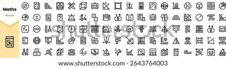 A comprehensive collection of 90 math icons, featuring geometric shapes, formulas, and calculation symbols, ideal for educational and digital design purposes.