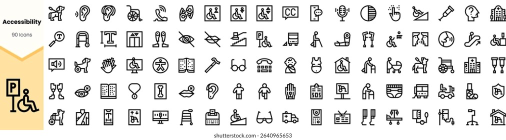 A comprehensive collection of accessibility icons, featuring various symbols representing inclusivity in transport, buildings, and personal assistance.
