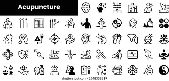 A comprehensive collection of acupuncture-related icons in a minimalist style, showcasing various aspects of traditional medicine and wellness practices.