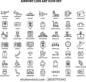 Comprehensive collection of airport line art icons representing essential travel logistics. Icons include airplane operations passport control security scanners luggage handling terminal amenities passenger facilities boarding processes and emergency signage. Clean vector design for travel apps.