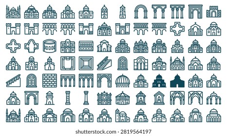 Comprehensive collection of architectural line icons featuring churches, mosques, arches, columns, and medieval gates. Minimalist outline symbols for historical buildings and landmarks.