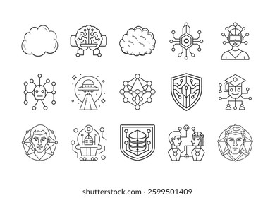 A comprehensive collection of artificial intelligence icons and technology symbols, representing machine learning, robotics, automation, and data science. Perfect for web design, apps, infographics, a
