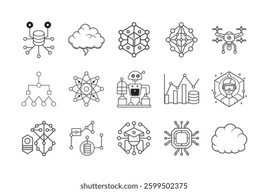 A comprehensive collection of artificial intelligence icons and technology symbols, representing machine learning, robotics, automation, and data science. Perfect for web design, apps, infographics, 