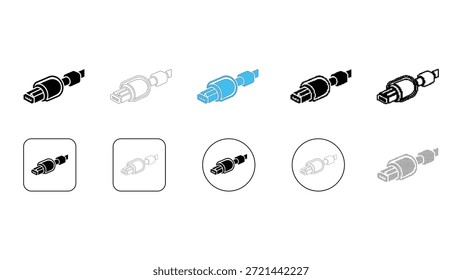 Una colección completa de iconos de conector de conector de audio que se muestran en múltiples estilos visuales, incluidos negro sólido, contorno, azul de color y dentro de diferentes Formas como cuadrados y círculos, perfecto