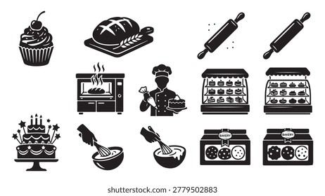 A comprehensive collection of bakery and pastry themed icons presented in a clean black and white style. This set includes essential baking elements like fresh bread, a decorated cupcake, a professional chef, rolling pins, birthday cake, mixing bowls, and display cases filled with cookies and cakes. Perfect for food blogs, restaurant menus, bakery branding, culinary websites, and kitchen design projects. Each icon is detailed and clear, suitable for various graphic design applications and digital media.