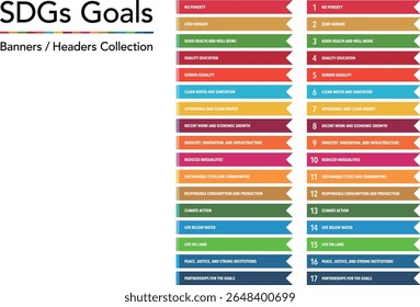 Uma coleção abrangente de faixas nas cores oficiais dos ODS. Esse conjunto versátil inclui designs numerados e não numerados com títulos em inglês, ideais para sites, impressão e apresentações.