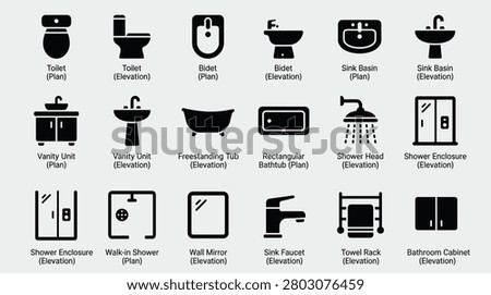 Comprehensive collection of bathroom icons featuring different perspectives like plan and elevation. Includes toilets, bidets, sinks, tubs, showers, vanities, and other essential elements for architectural drawings and interior design projects.