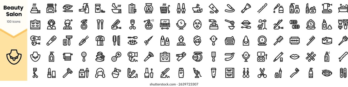 A comprehensive collection of beauty salon icons, featuring tools, products, and services in a minimalist style. Perfect for beauty and wellness-themed projects.