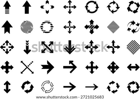 A comprehensive collection of black arrow icons and abstract geometric symbols, including various directional arrows, rotational arrows, and patterned shapes, presented on a clean white background.