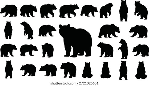 Una colección completa de siluetas de oso negro representadas en varias poses dinámicas, que incluyen pararse, caminar y sentarse, sobre un fondo blanco limpio, ideal para diversos proyectos de Diseño gráfico e ilustraciones con temas de vida silvestre.