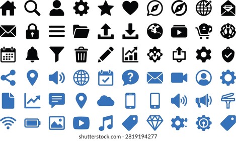 A comprehensive collection of black and blue web and mobile interface icons, featuring common symbols for navigation, communication, media, commerce, and settings on a clean white background.