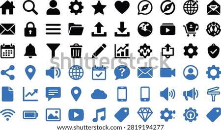 A comprehensive collection of black and blue web and mobile interface icons, featuring common symbols for navigation, communication, media, commerce, and settings on a clean white background.
