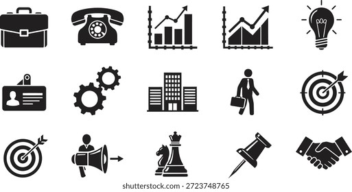 Umfassende Sammlung schwarzer Unternehmenstechnologie und Strategiesymbole für Unternehmenserfolg und Kommunikationslösungen