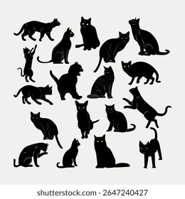 A comprehensive collection of black cat silhouettes, each with striking golden eyes, depicted in a variety of natural and charming poses