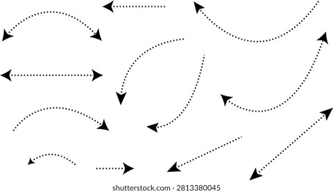 A comprehensive collection of black dotted vector arrows in various shapes and directions. This set features straight, curved, arched, single headed, and double headed pointer signs. Perfect for UI UX design, infographics, charts, presentations, and graphic design projects. High quality isolated elements for easy editing.
#VectorArrows #DottedArrows #GraphicDesign #VectorIllustration #DesignElements #UIUXDesign #ArrowIcons #StockVector #InfographicElements