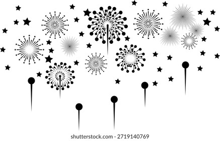 Eine umfassende Kollektion von schwarzen Feuerwerk Burst Silhouetten und verschiedenen Sternenformen einzeln auf weißem Hintergrund perfekt für festliche Designs Party Einladungen und festliche grafische Ornamente