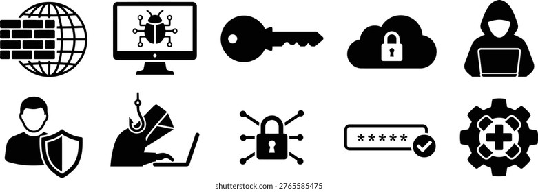 Comprehensive collection of black glyph icons representing internet security and data privacy. Featuring firewall, cloud storage lock, and phishing threat. Ideal for corporate presentations, software UI design, and information technology blogs.