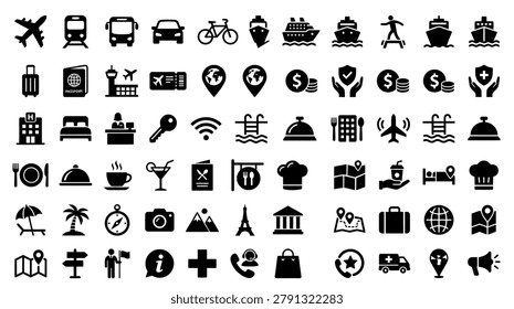 A comprehensive collection of black glyph icons representing various aspects of travel, transportation, tourism, hospitality, and leisure activities.