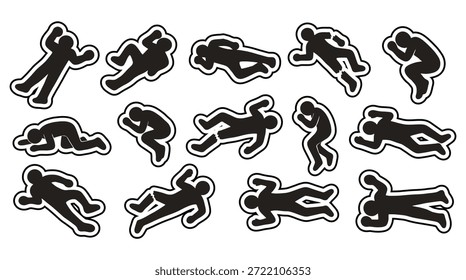 A comprehensive collection of black human body chalk outlines with white borders isolated on a white background, designed as scalable vector graphics for forensic, law enforcement, and mystery concepts.