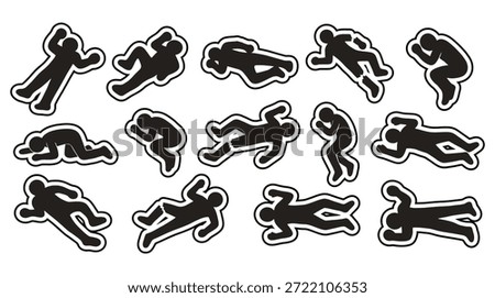 A comprehensive collection of black human body chalk outlines with white borders isolated on a white background, designed as scalable vector graphics for forensic, law enforcement, and mystery concepts.