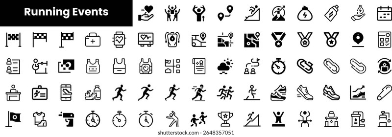 Uma coleção abrangente de ícones pretos representando vários aspectos de eventos em execução, incluindo participantes, medalhas, cronometragem e símbolos de saúde.