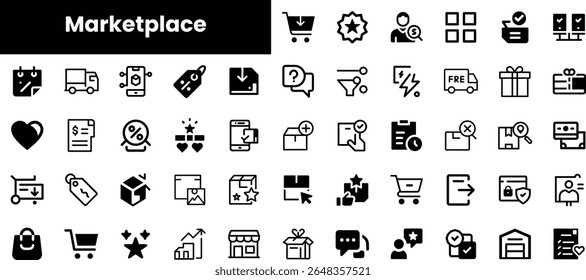 A comprehensive collection of black icons representing various marketplace concepts, including shopping carts, delivery, discounts, and customer service, all in a minimalistic style.