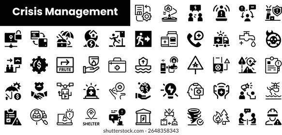A comprehensive collection of black icons representing various aspects of crisis management, including emergency response, communication, and safety protocols.