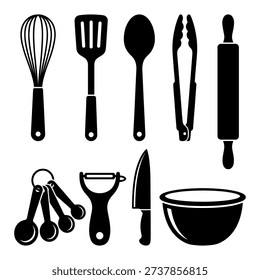 Una colección completa de siluetas negras de utensilios de cocina con herramientas esenciales para cocinar y hornear. El conjunto incluye un batidor, espátula, cuchara, pinzas, rodillo, cucharas de medición, pelador, cuchillo y tazón de mezcla. Estos íconos minimalistas son perfectos para menús de restaurantes, libros de cocina, Sitios web culinarios o proyectos de marca relacionados con la comida.