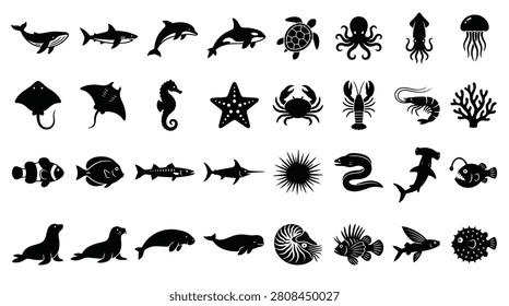 Comprehensive collection of black marine life silhouettes including whales, sharks, dolphins, turtles, cephalopods, crustaceans, and tropical fish species isolated on a white background.