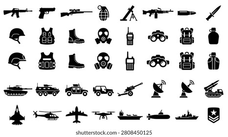 Comprehensive Collection of Black Military and Warfare Silhouettes Featuring Weapons, Tactical Gear, Armored Vehicles, Aircraft, Naval Ships, and Strategic Equipment on White Background.