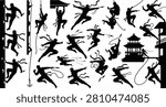 A comprehensive collection of black ninja silhouettes depicting various stealth and combat actions such as climbing, jumping, and throwing weapons. These vector elements are ideal for game development, comic book illustrations, and martial arts themed designs.
